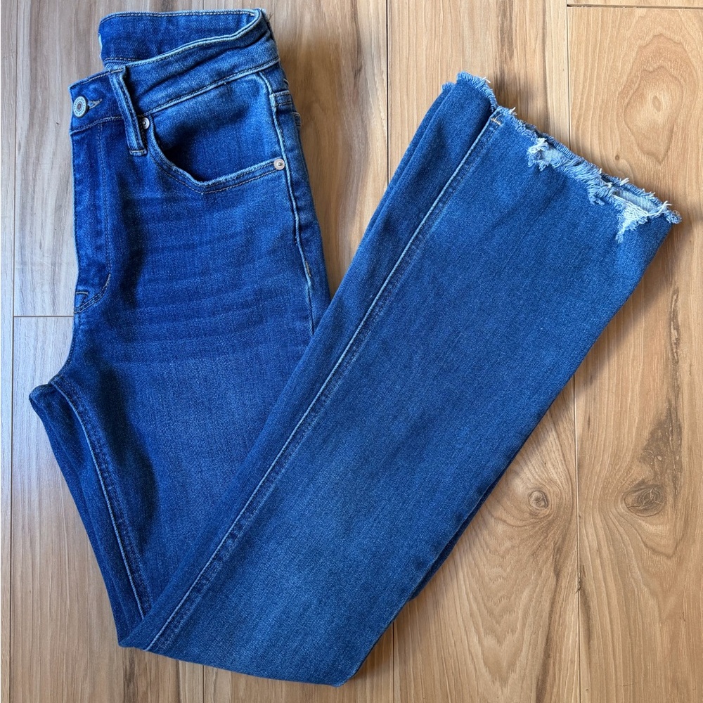 KanCan Women’s Flare Jeans Size 3 Raw Hem Denim Boho Y2K